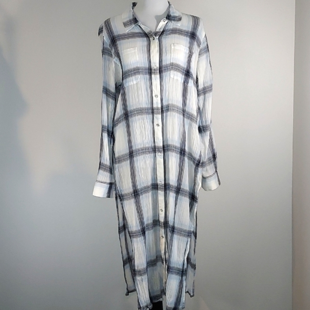 Calvin Klein Plaid Long Roll Tab Sleeve Button Up Shirt Dress Tunic Size Medium